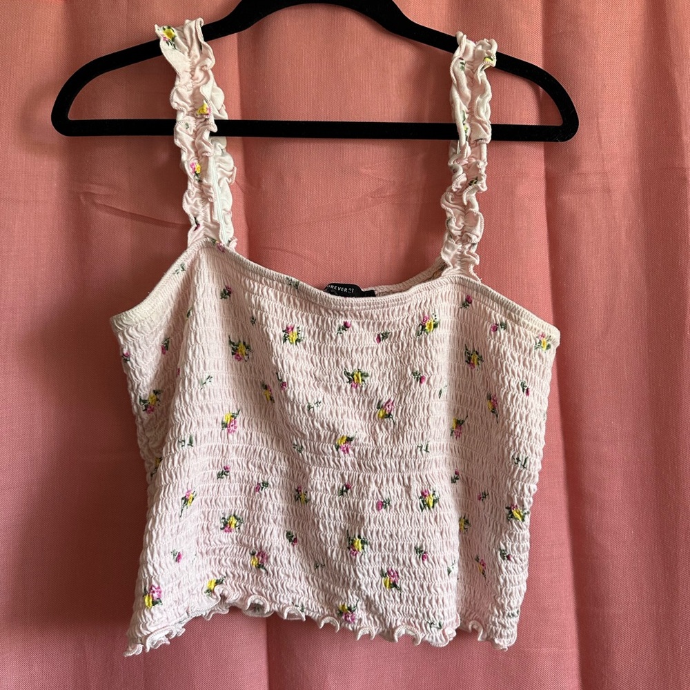 Forever 21 Floral Smocked Crop Top - Cream